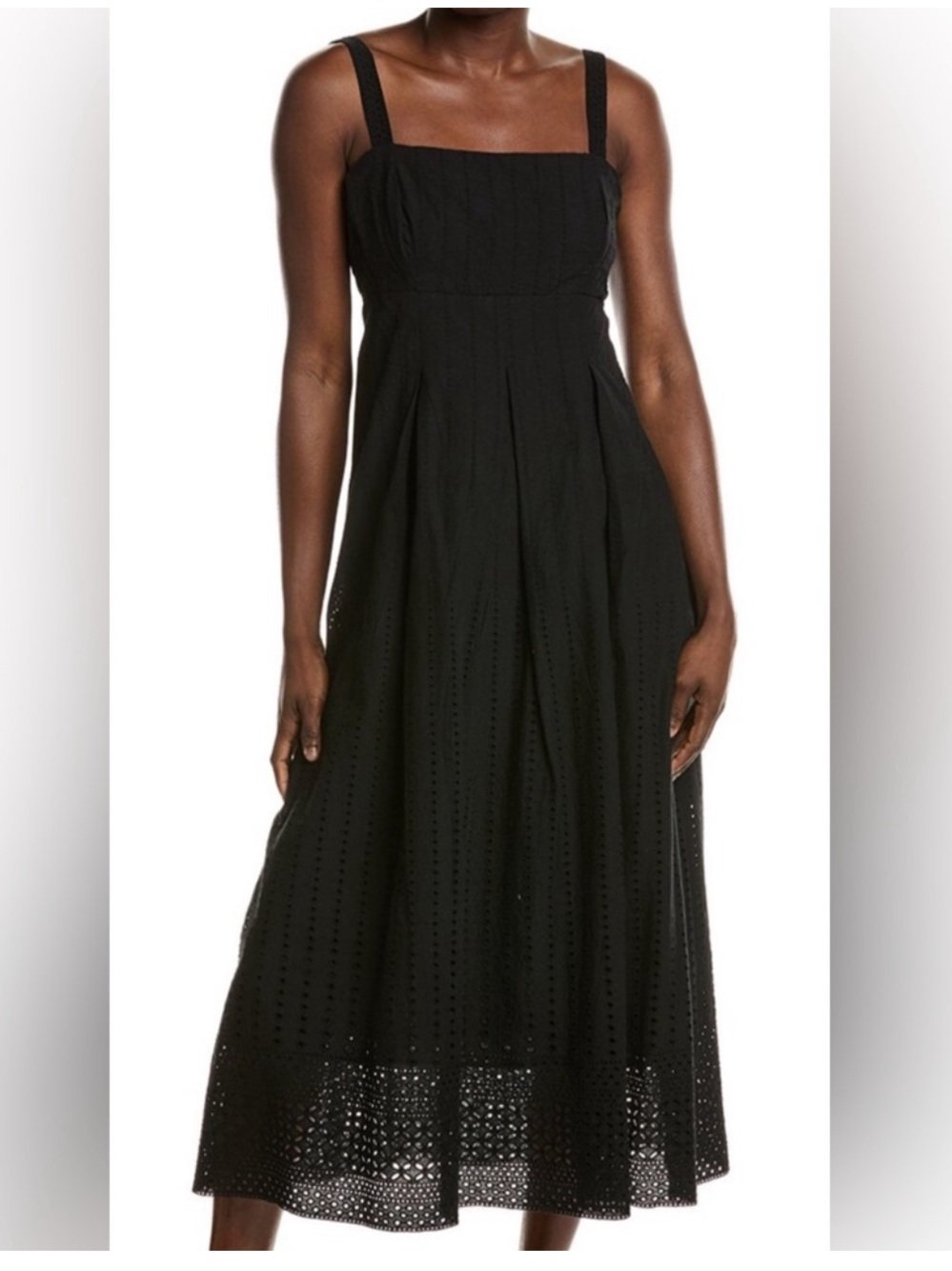 Ellen Tracy Black Eyelet Midi Dress with Square Neck